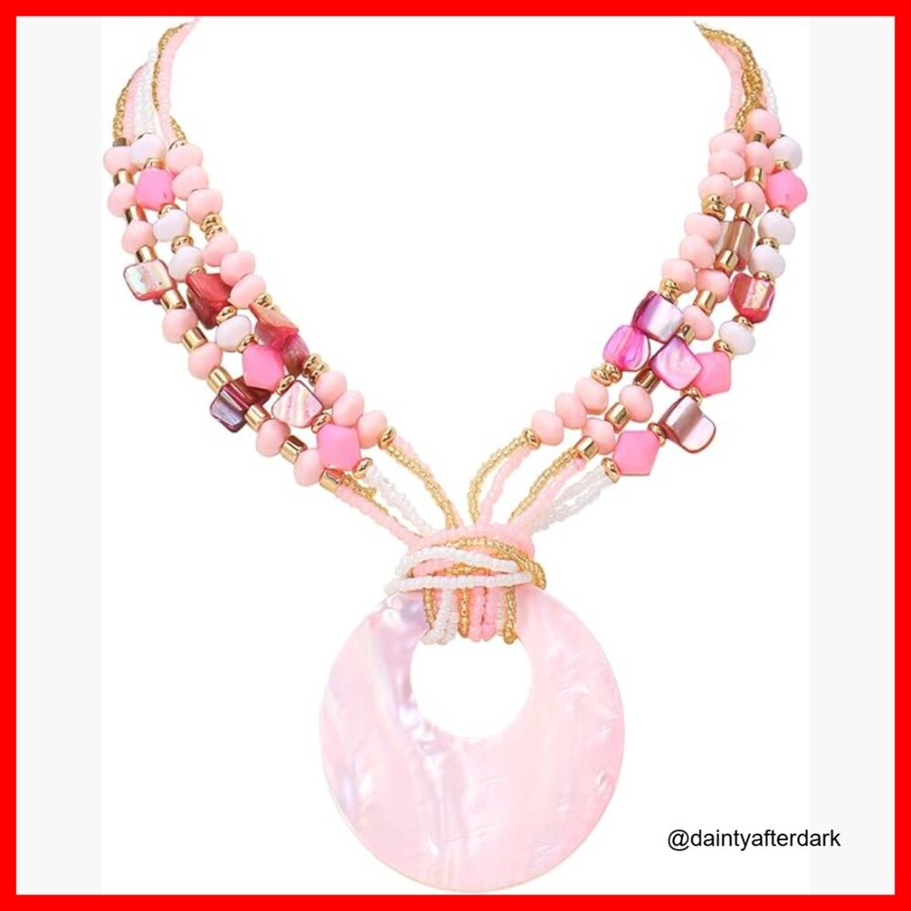 Shell Pendant Statement Strand Necklace With Natu… - image 1